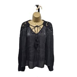 Whimsigoth Fairy Grunge Pleats Tassels Lacy Romantic Black Satin Blouse Womens M
